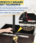 Person using All Metal Adjustable Cabinet Hardware Jig with 5mm and 4mm templates for precise mounting on dark wood surface.