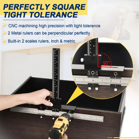 Person using All Metal Adjustable Cabinet Hardware Jig with 5mm and 4mm templates for precise mounting on dark wood surface.