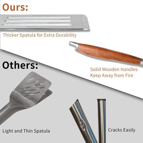 Comparison of Heavy Duty Rosewood BBQ Tools Set spatula with competitor's lighter spatula and cracked handle issue.