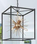 Six Light Sputnik Chandelier In Matte Black And Gold Finish, Square Industrial Pendant Lighting 14 Inch Diameter, 18.5 Inch Height