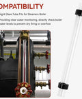 9 Inch Steam Boiler Sight Glass Tube Clear Water Level Gauge Replacement with 2 High-Temp Rubber Washers next to boiler