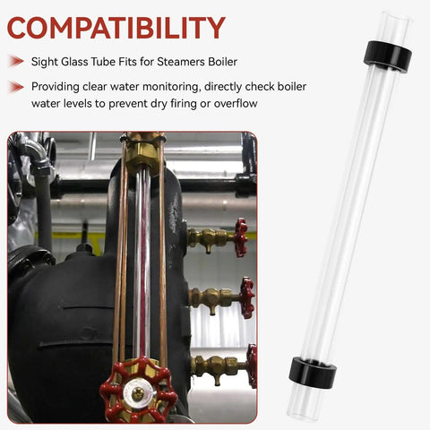 9 Inch Steam Boiler Sight Glass Tube Clear Water Level Gauge Replacement with 2 High-Temp Rubber Washers next to boiler