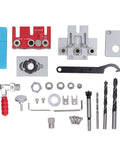 Heavy Duty Aluminum Alloy Dowel Jig Kit With Precision Drill Bits, components including drill bits and jig parts on white background.