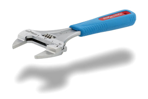 Slim Jaw Adjustable Wrench 8 Inch with extra wide mouth and precise grip, Code Blue finish, ideal for tight spots.
