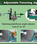 Adjustable Tenoning Jig showing backing plate angle adjustment from 0° to 15°, part of Rugged Metal Workhorse Tenoning Jig For Band Saw And Table Saw Chopping Precision Mortise And Tenon Joints With Quick Release Vise And Sure Grip Stability.