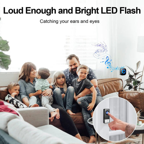 Family sitting in living room with Long Range Wireless Doorbell Kit For Home 1300 Feet Waterproof Door Chime highlighted in use.