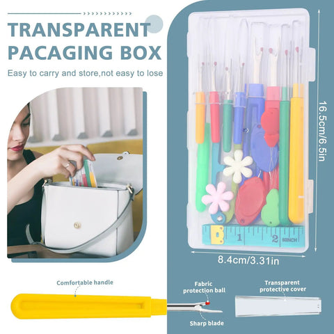 Ultimate All In One Seam Ripper Kit For Sewing And Crafting Enthusiasts includes large and small seam rippers in transparent box