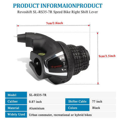 Right Hand Bicycle Shift Lever For 7 Speed Twist Grip Revoshift Mountain Bike Shifter, SL RS35, showing product dimensions