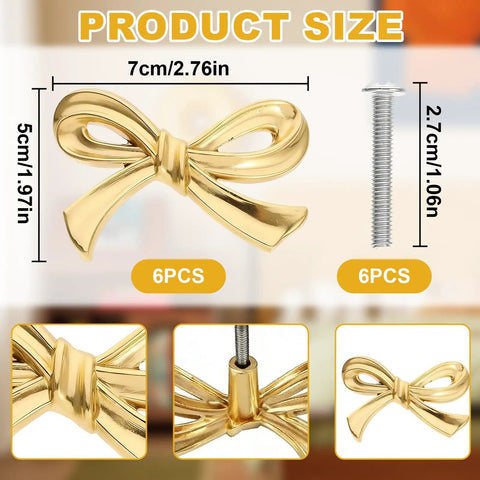 Gold Bow Cabinet Knob Set For Dresser And Cabinets, 6 Pack Drawer Pulls With Screws, Vintage Brass Finish, 7x5 cm