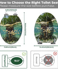 Resin Elongated Toilet Seat for Bathroom with size guide, measurements for compatibility, water-themed design.