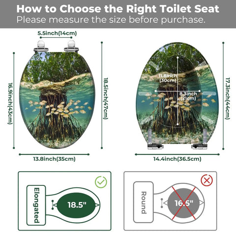 Resin Elongated Toilet Seat for Bathroom with size guide, measurements for compatibility, water-themed design.