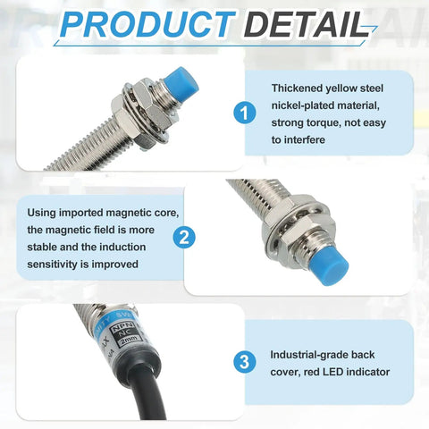 Inductive Proximity Sensor M12 3-Wire NPN NO, 6-36V DC, featuring sturdy nickel-plated housing and LED indicator for industrial automation.