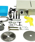 Rugged Little Beast Mini Desktop Bench Lathe Machine With 350W Motor, accessories including blade, polishing tools, and storage container.
