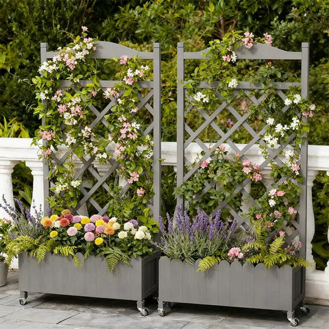 Two Pack Planter Box With Trellis And Wheels, 48 Inch Elevated Raised Garden Bed With Drainage Holes, Outdoor Lattice For Climbing Flowers And Veggies, Perfect Patio Balcony Gray