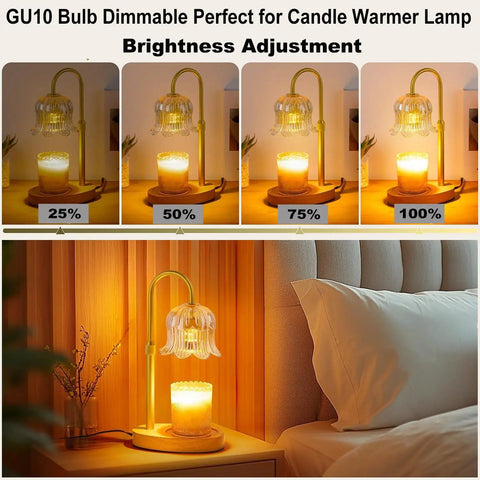 Six Pack 35W Dimmable GU10 Bulbs With 380 Lumens Warm White 2800K For Candle Warmer Lamps And Track Lighting No Flicker High Output Halogen Replacement Glass Cover Included in use with adjustable brightness on a candle warmer lamp beside a bed.