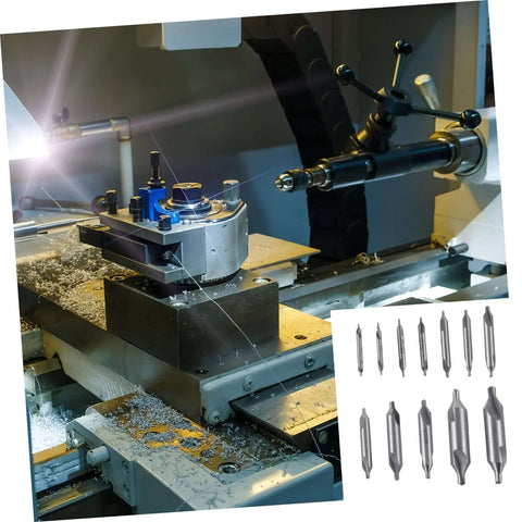 KALLORY 12-piece high-speed steel center drill bit set with 60° chamfer for metal and wood on a milling machine.