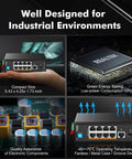 Heavy Duty PoE Switch With Eight PoE Plus Ports and One Gigabit Uplink, compact design, suitable for industrial environments