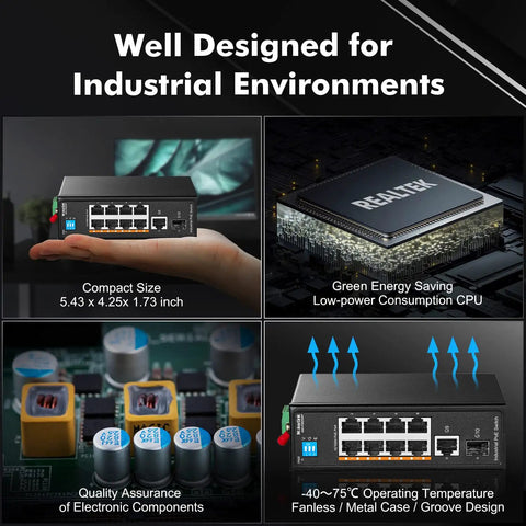 Heavy Duty PoE Switch With Eight PoE Plus Ports and One Gigabit Uplink, compact design, suitable for industrial environments