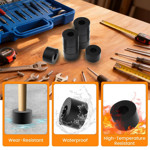 Set Of Eight Built Tough Black Rubber Spacers And Heavy Duty Backing Washers One Inch Outside Diameter With Three Eighths Inner Bore Thick Gasket Rings on a workbench.