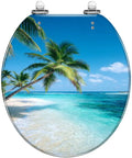 Durable Resin Round Toilet Seat Cover Adorned With Tropical Beach Thatched Roof Umbrella Graphics close-up of palm trees and ocean.