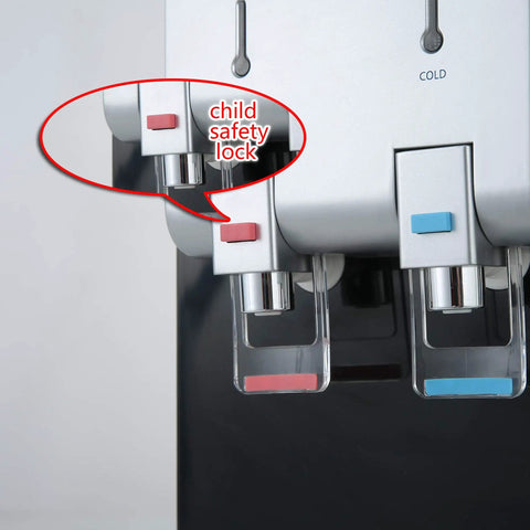 Close-up of Desktop Water Cooler Dispenser With Hot And Cold Water Top Loading Child Safety Lock, focus on hot and cold faucets.