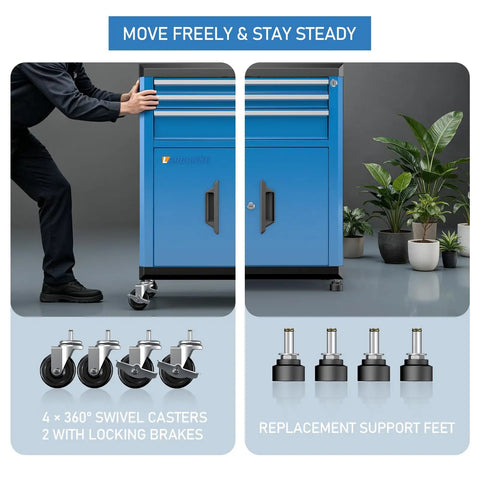 No Brainer Heavy Duty Rolling Tool Chest With Three Spacious Drawers And Double Doors Smooth Roll Casters secure lock and stackable connectors blue gear rig with swivel casters.