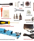 Mini blue wood lathe with 11-inch capacity and multipurpose accessory kit for turning, cutting, sanding, polishing
