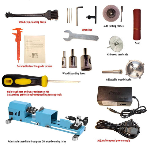 Mini blue wood lathe with 11-inch capacity and multipurpose accessory kit for turning, cutting, sanding, polishing