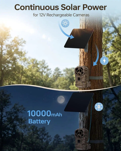 All Weather Trail Camera Solar Panel With Built In 10000mAh Battery 6W Charger Delivers Steady 12V 1.5A Output on tree
