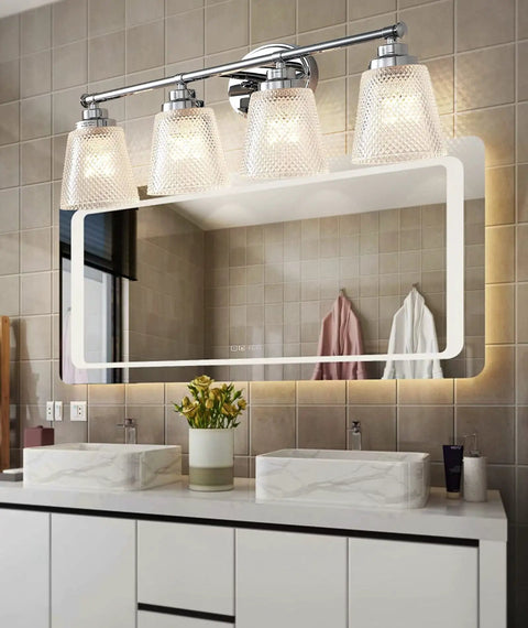 Modern Bathroom Vanity Light Fixture Over Mirror 4 Light Crystal Glass Wall Sconces Brushed Nickel Finish Damp Rated Rustproof