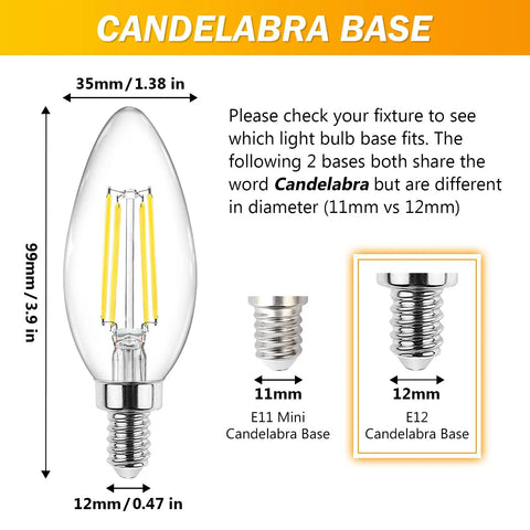 60W Equivalent LED Filament Candelabra Bulbs E12 dimensions and base types illustration