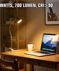 Clamp On Desk Lamp Clip On Reading Light With Adjustable Color Temperature illuminating a desk setup, 6 watts, CRI over 90.
