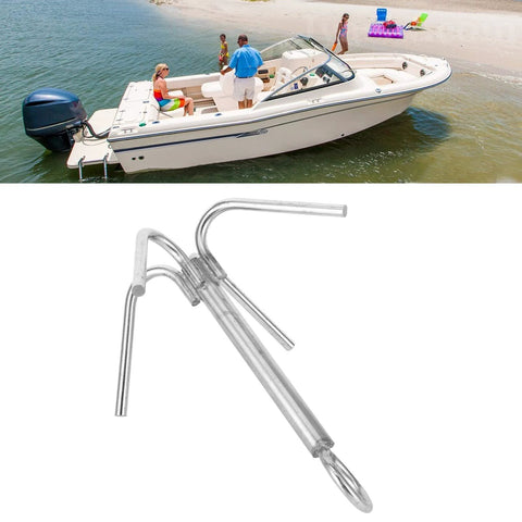 Four Claw 316 Stainless Steel Anchor Grappling Hook for Marine Boats and Yachts, heavy duty, shown on a sandy beach with a boat.