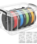 Filament Storage Box For 3D Printer With Reusable Desiccants, clear plastic bin holding colorful spools, 15 x 11 x 9 inches