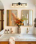 Bathroom with Black And Gold 4 Light Vanity Lights With Clear Globe Shade For Farmhouse Modern Bathroom Over Mirror, bright space