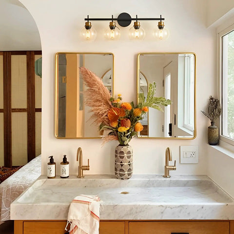 Bathroom with Black And Gold 4 Light Vanity Lights With Clear Globe Shade For Farmhouse Modern Bathroom Over Mirror, bright space