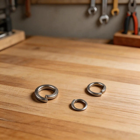 Open Spring Washer Set In 304 Stainless Steel For M2 Size Hardware, 480 Pieces For Machinery And Electronics, Anti Loosening Design, Rust Resistant Fasteners For Durable, Secure Assemblies And Easy Maintenance, three M2 washers on a wooden workbench