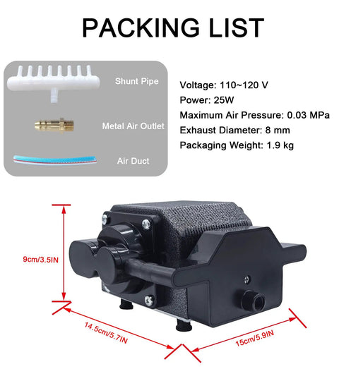 Pro Grade 54 LPM Airflow Air Assist For Laser Engraver With Adjustable Knob 110V Low Noise Smoke Removal shown with parts list