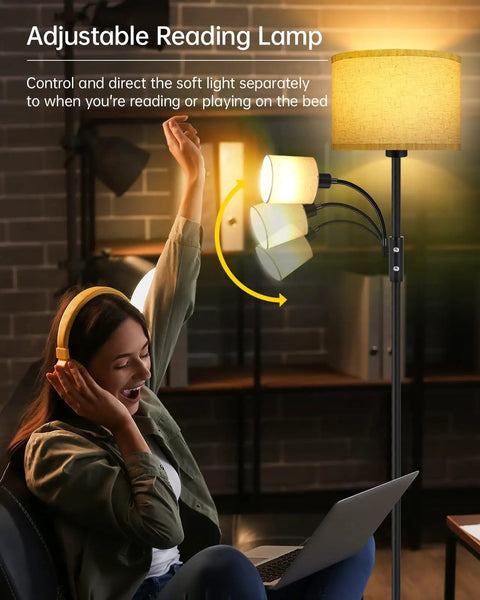 Gold Tone Floor Lamp With Dimmable 9W LED Main Light And 4W Reading Lamp in use, beige linen shade, toggle switch