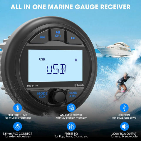 Waterproof Marine Bluetooth Stereo Head Unit With AM FM Radio, 2.8 Inch LCD display in ocean setting with boat and surfer.