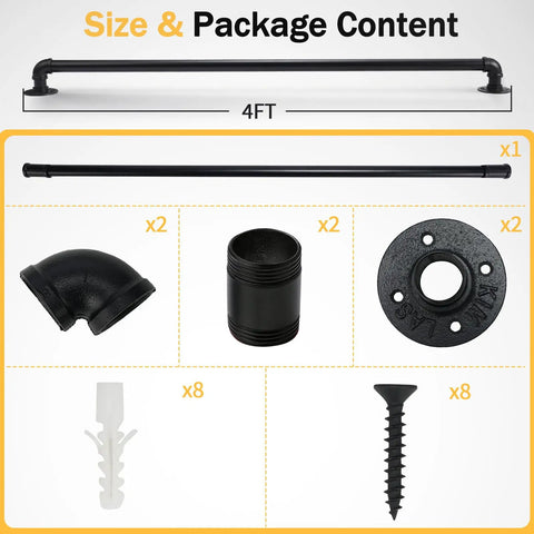 Heavy Duty Four Foot Iron Stair Handrail In Matte Black Finish Rust Resistant Body For Indoor Or Outdoor Staircases With Dead Simple Hardware Setup For Quick Weekend Fixes package contents with screws and fittings.