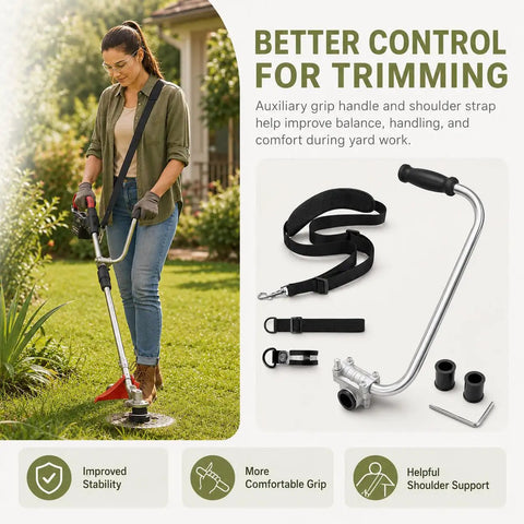 Adjustable Trimmer Support Handle Kit For Lawn Trimmers And Edgers, Ergonomic Grip Extension For Upright Posture And Steady Cuts, Easy Clamp Height Adjustment And Secure Mount, Compatible With B510S Model, shown with strap