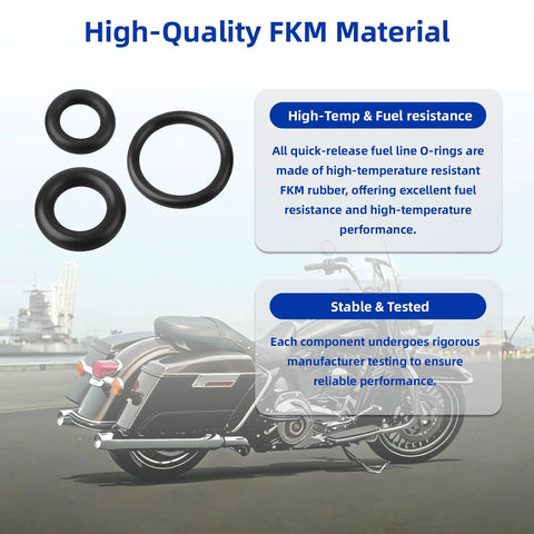 EFI Fuel Tool O-Ring Kit For EFI Motorcycles 2001 Onward, includes FKM material O-rings and background motorcycle image