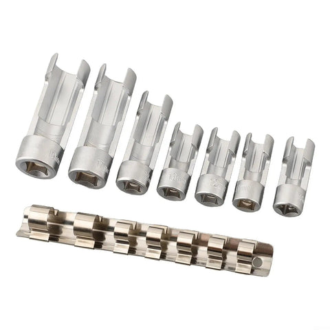 Diesel Injector And Fuel Line Socket Set With Slotted Open End Design For Hard To Reach Nuts Three Eighths Inch Drive And One Half Inch Drive Ten To Nineteen Millimeter Range Seven Piece Silver Metal Tool Kit For The Garage displayed in a row on holder.