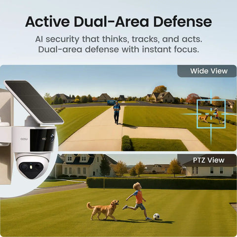 Dual Lens Outdoor Security Camera System With 170 Degree Wide Angle And 360 Degree PTZ, Solar Powered, AI Human And Vehicle Tracking, showing wide and PTZ views.