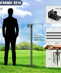 Diagram showing Heavy Duty 1 Inch Bird Feeder Pole 63 Inch Adjustable Backyard Stand with 10 Inch Base and installation dimensions.