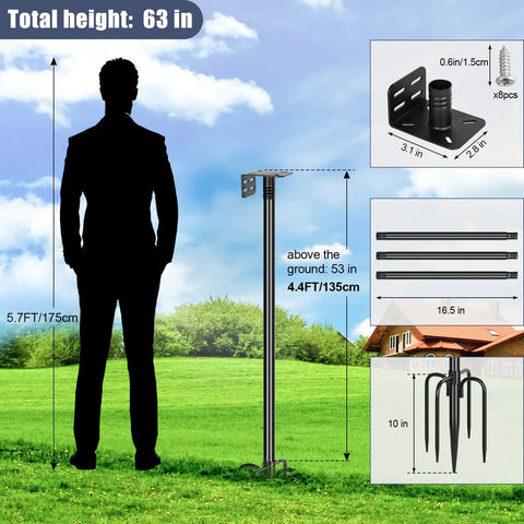 Diagram showing Heavy Duty 1 Inch Bird Feeder Pole 63 Inch Adjustable Backyard Stand with 10 Inch Base and installation dimensions.