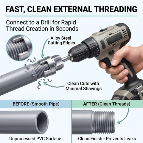 Four In One PVC Pipe Threader For Internal And External Threading Works With Electric Drills showing clean thread creation.