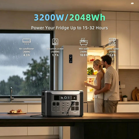 Solid 2048Wh LiFePO4 Power Station Pumping 3200W Output With Three 200W Solar Panels Plug And Play Solar Generator Kit in kitchen.