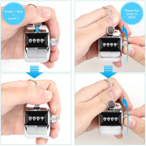 Two Pack Heavy Duty Metal Tally Click Counter Four Digit Mechanical Handheld Tracker demonstrating reset and counting mechanism.